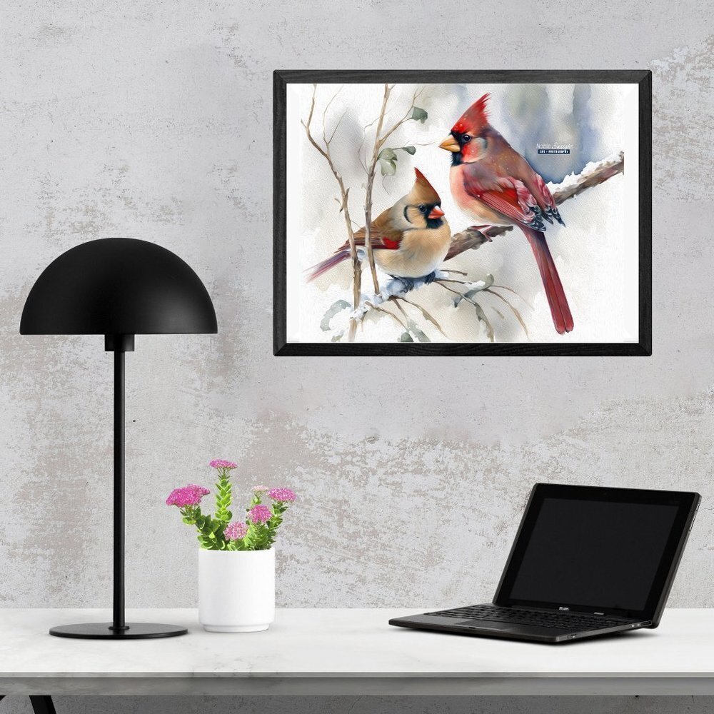 16x20 Northern Red Cardinal Female Cardinal Love Birds Watercolor Oil Painting…‎